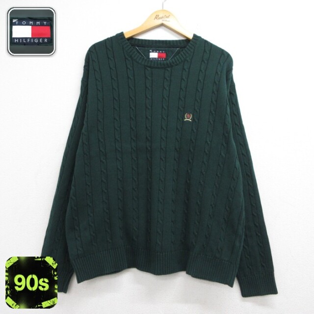 トミーヒルフィガー 90s 長袖セーター ケーブルニット グリーン メンズXL相当 | 古着