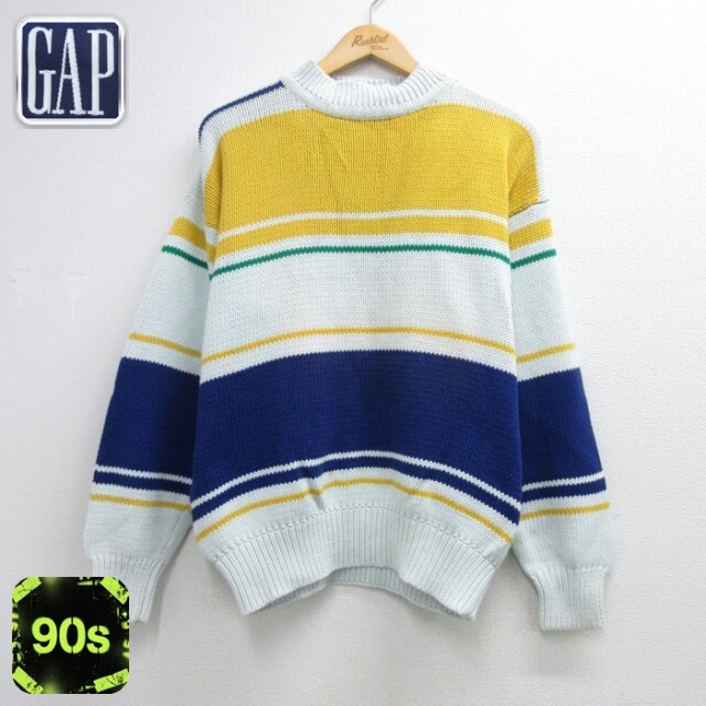 L★古着 ギャップ GAP 長袖 セーター メンズ 90年代 90s コットンニット ボーダー モックネック ハイネック ホワイト【spe】 26sep07