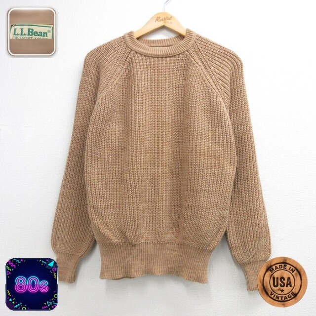 L★古着 L.L.Bean エルエルビーン 長袖 セーター メンズ 80年代 80s ラグラン コットンニット クルーネック USA製 ブラウン【spe】 26sep07