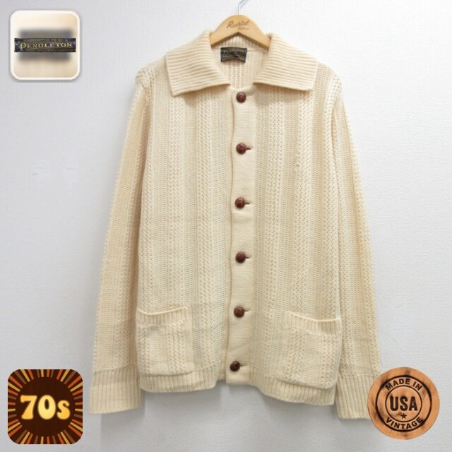 L★古着 ペンドルトン PENDLETON 長袖 セーター メンズ 70年代 70s SIR ウール ニット カーディガン 生成りベ USA製【spe】 26sep07
