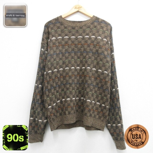 croft & barrow 長袖 セーター 90s コットンニット マルチカラー クルーネック 総柄 USA製 ブラウン メンズL相当 | 古着