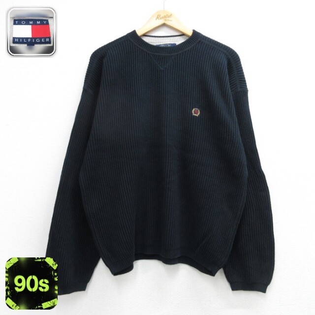 トミーヒルフィガー 90s 長袖セーター ワンポイントロゴ ネイビー メンズL相当 | 古着