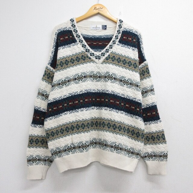 XL★古着 Munsingwear 長袖 セーター メンズ 90年代 90s ハンドニット フェアアイル コットン Vネック 総柄 USA製 ベージュ【spe】 26sep08
