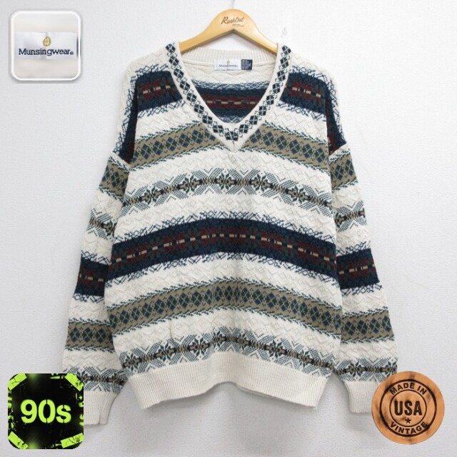 Munsingwear 90s 長袖セーター ハンドニット フェアアイル ベージュ メンズXL相当 | 古着