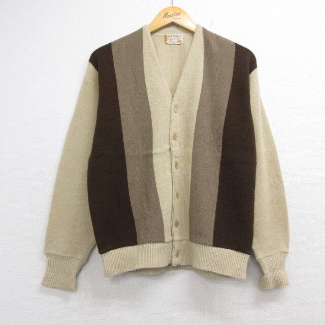 L★古着 Jack Nicklaus 長袖 ビンテージ メンズ 60年代 60s ニットカーディガン ゴルフ Vネック ベージュ ストライプ【spe】 26sep08