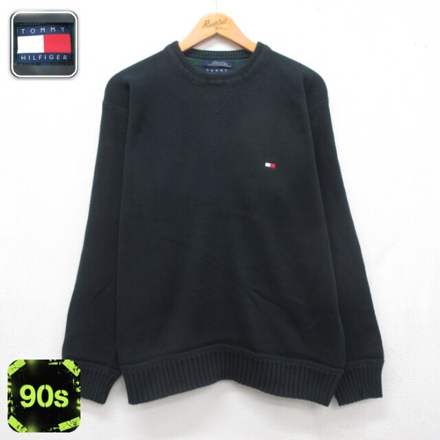 トミーヒルフィガー 90s 長袖セーター ワンポイントロゴ グリーン メンズL相当 | 古着