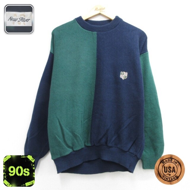 New River 90s 長袖セーター ツートンカラー ネイビー メンズL相当 | 古着