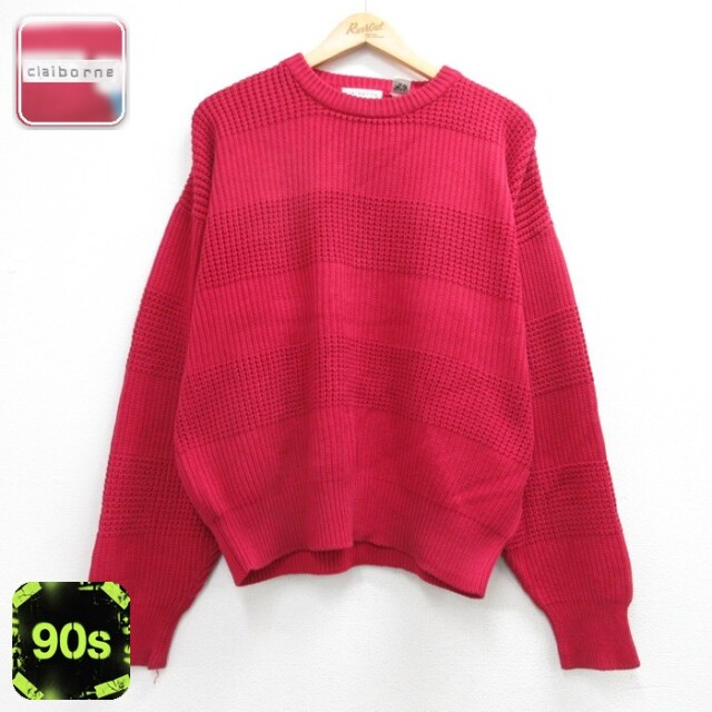 claiborne 長袖 セーター 90s コットン クルーネック レッド ボーダー メンズXL相当 | 古着