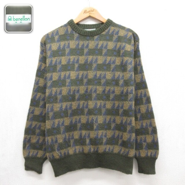 benetton 80s 長袖セーター 総柄 カーキ メンズM相当 | 古着