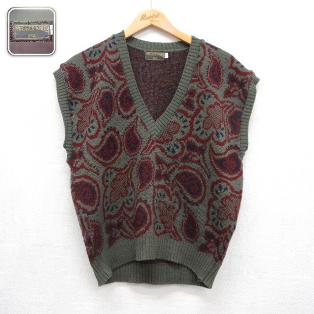 SWEATER KNITS 90s ペイズリー ニットベスト Vネック 総柄 カーキ メンズS相当 | 古着