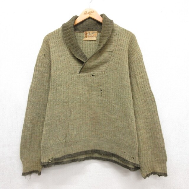 XL★古着 Brentwood 長袖 ビンテージ セーター メンズ 60年代 60s ショールカラー ウール カーキ【spe】 26sep16