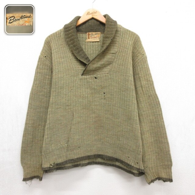 Brentwood 60s 長袖セーター ショールカラー カーキ メンズXL相当 | 古着