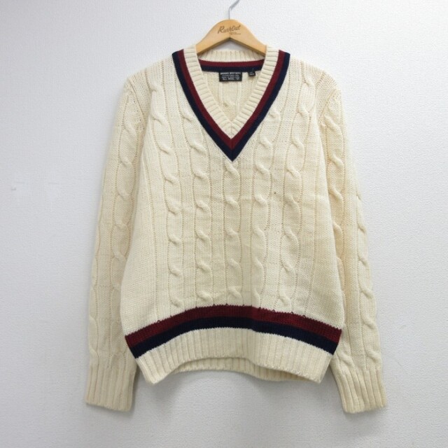 M★古着 Brooks Brothers ブルックスブラザーズ 長袖 セーター メンズ 80年代 80s ケーブル ニット ウール Vネック ベージュ【spe】 26sep24