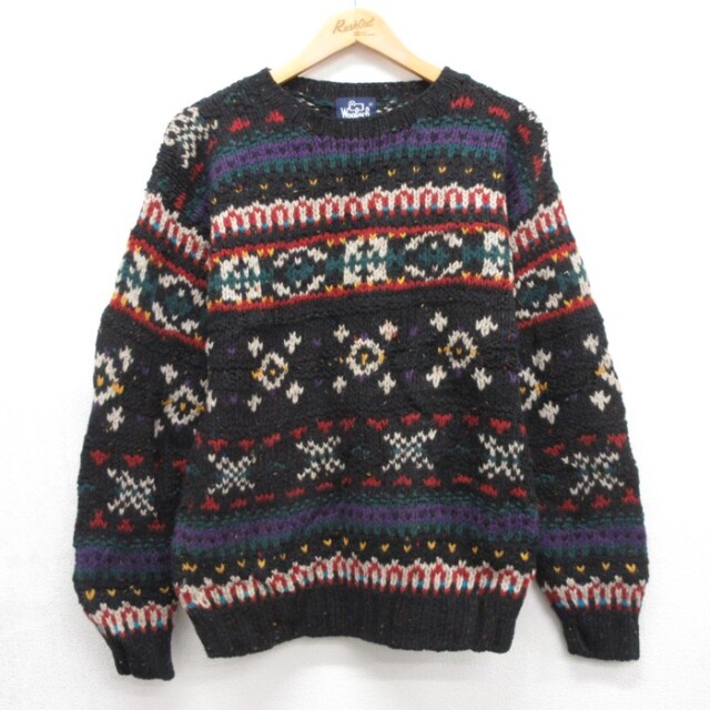 M★古着 Woolrich 長袖 セーター メンズ 90年代 90s フェアアイル ウール クルーネック 総柄 ブラック【spe】 26sep24