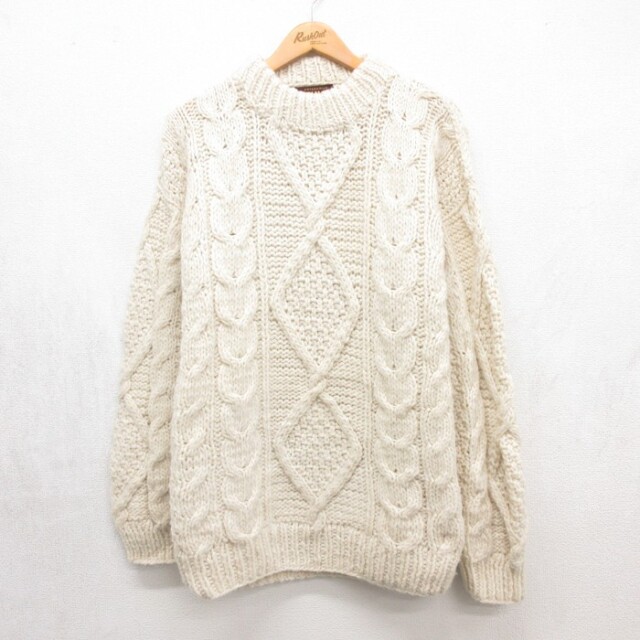 L★古着 ISHKA 長袖 セーター メンズ 90年代 90s ケーブル ニット ウール クルーネック エクアドル製 ベージュ【spe】 26sep25