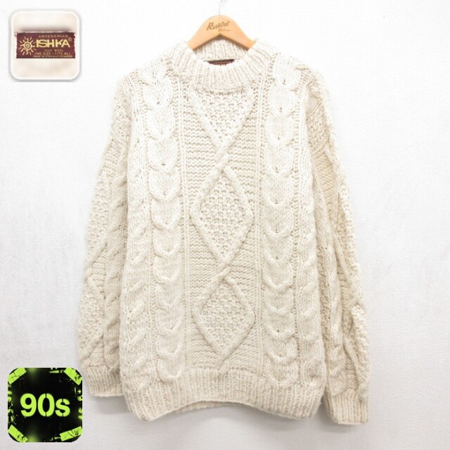 ISHKA 長袖 セーター 90s ケーブル ニット ウール クルーネック エクアドル製 ベージュ メンズL相当 | 古着