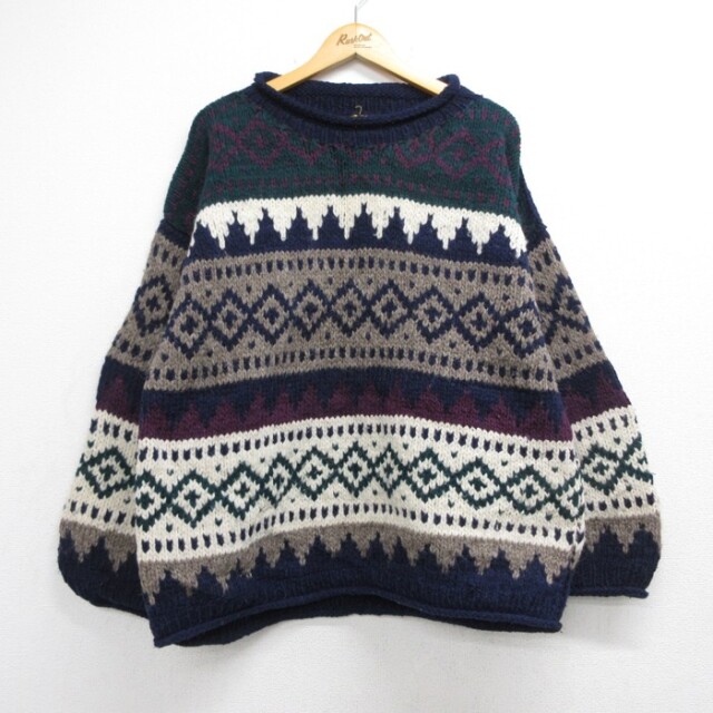 XL★古着 REY WEAR 長袖 セーター メンズ 90年代 90s 手編み ロールネック ハンドメイド ウール 総柄 エクアドル製 ブラウン【spe】 26sep25