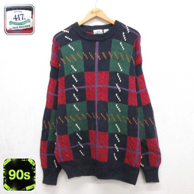 VAN HEUSEN 90s 長袖セーター ネイビーチェック メンズL相当 | 古着