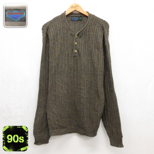 ETCHINGS 長袖 セーター 90s リブ ニット ヘンリーネック カーキ 霜降り メンズL相当 | 古着