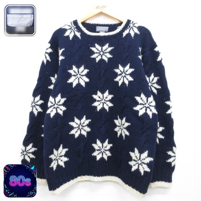 Kensington 長袖 セーター 90s ノルディック 雪柄 シェットランドウール クルーネック 総柄 ネイビー メンズL相当 | 古着