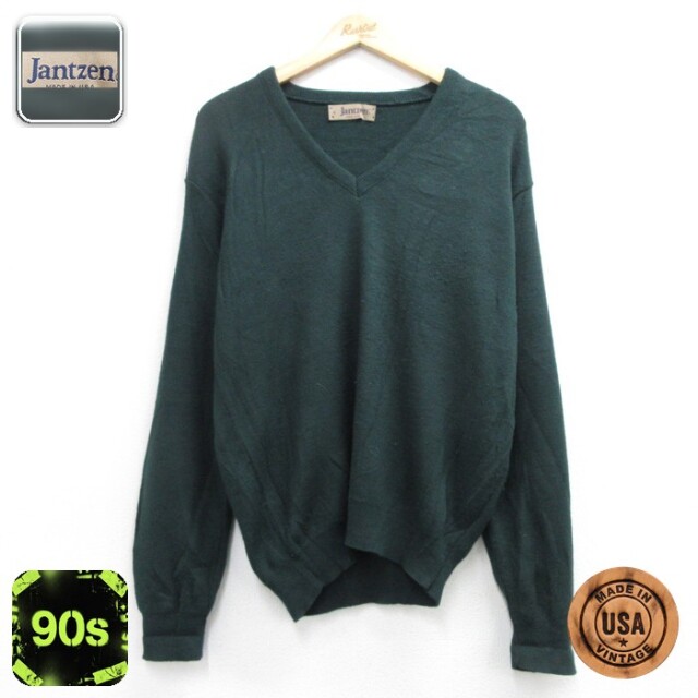 Jantzen 長袖 セーター 90s 無地 Vネック USA製 グリーン メンズL相当 | 古着