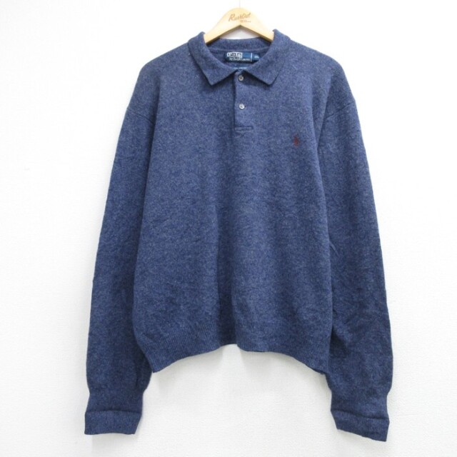 XL★古着 ラルフローレン Ralph Lauren 長袖 ブランド セーター メンズ 90年代 90s えり付き ワンポイントロゴ ラムズ ウール ネイビー 霜降り【spe】 26sep28