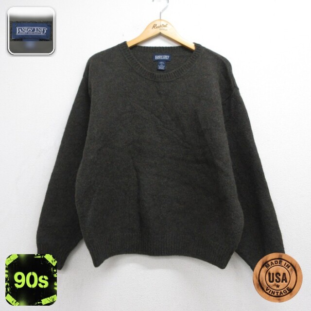 XL★古着 LANDS'END ランズエンド 長袖 セーター メンズ 90年代 90s クルーネック USA製 カーキ 霜降り【spe】 26oct01