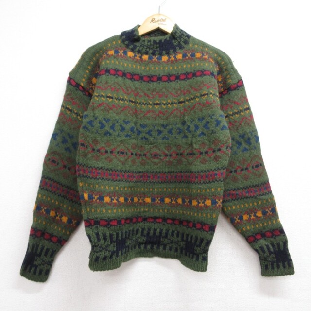 S★古着 ギャップ GAP 長袖 セーター メンズ 90年代 90s フェアアイル ウール 総柄 モックネック アイルランド製 カーキ【spe】 26oct02