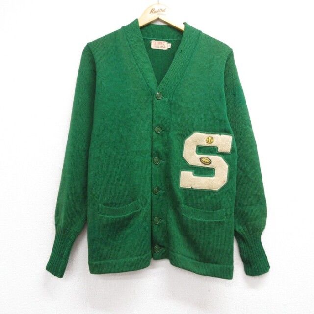 S★古着 HERBS 長袖 ビンテージ メンズ 60年代 60s ニット カーディガン レタード ウール グリーン【spe】 26oct02