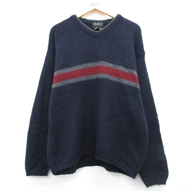 XL★古着 Eddie Bauer エディーバウアー 長袖 セーター メンズ 90年代 90s Vネック ウール USA製 ネイビー【spe】 26oct02