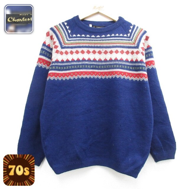 70s 長袖セーター 総柄 ネイビー メンズM相当 | 古着