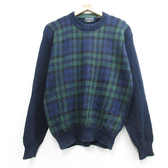 M★古着 TRADER BAY 長袖 セーター メンズ 90年代 90s タータンチェック クルーネック ブラックウォッチ【spe】 26oct06