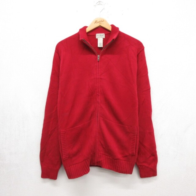 L★古着 L.L.Bean エルエルビーン 長袖 カーディガン フルジップ メンズ 00年代 00s コットンニット レッド 26oct06