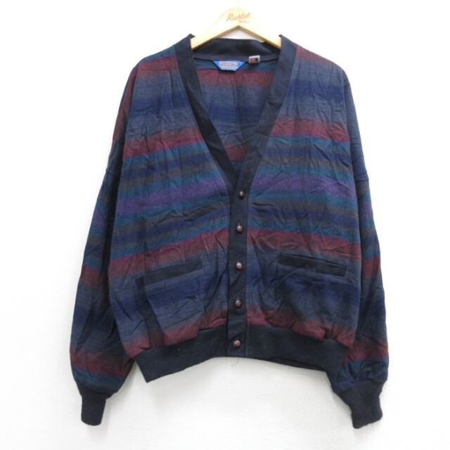 XL★古着 ペンドルトン PENDLETON 長袖 カーディガン メンズ 80年代 80s ウール Vネック USA製 ネイビー ボーダー【spe】 26oct07