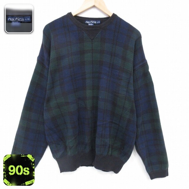 ノーティカ 90s 長袖セーター ワンポイントロゴ グリーンチェック XL | 古着