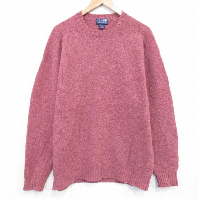 XL★古着 ランズエンド 長袖 セーター メンズ 90年代 90s 無地 ラグラン シェットランドウール クルーネック 濃ピンク 26jan29