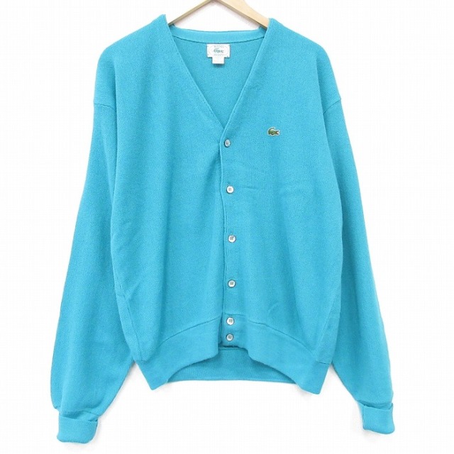 XL★古着 ラコステ IZOD 長袖 ニット カーディガン メンズ 90年代 90s ワンポイントロゴ アクリル USA製 青緑 26feb16