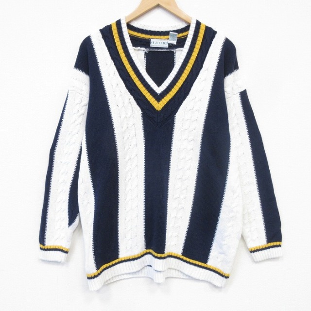 IZOD 90s ケーブルセーター ストライプ ホワイト メンズL相当 | 古着