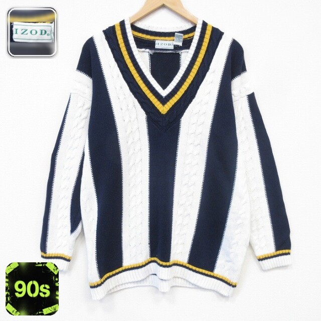 IZOD 90s ケーブルセーター ストライプ ホワイト メンズL相当 | 古着