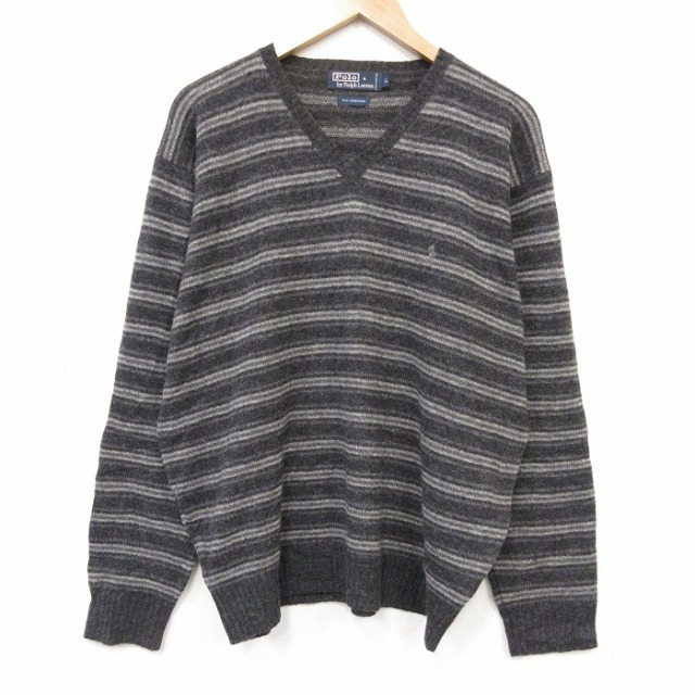 XL★古着 ラルフローレン 長袖 ブランド セーター メンズ 90年代 90s ワンポイントロゴ ラムウール Vネック グレー ボーダー【spe】 26aug17
