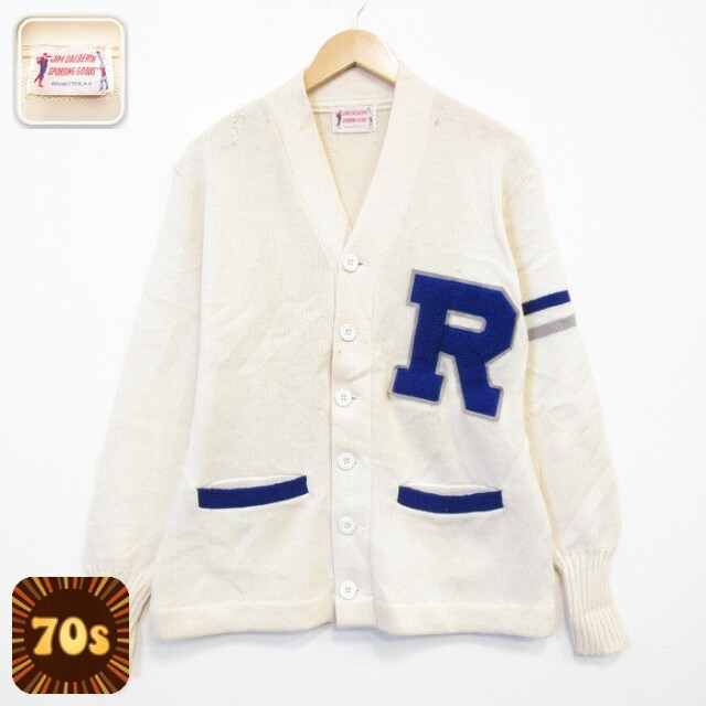 70s レタードニットカーディガン R ホワイト メンズM相当 | 古着