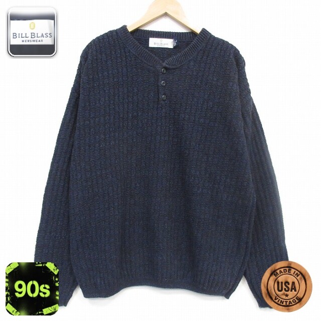 90s 長袖セーター ヘンリーネック ネイビー メンズXL相当 | 古着