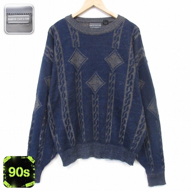 長袖 セーター 90s レザー使用 アクリル クルーネック ネイビー メンズXL相当 | 古着