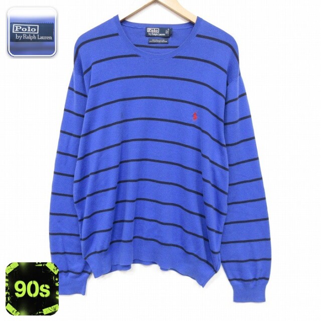 ラルフローレン 90s 長袖セーター ワンポイントロゴ ボーダー ブルー メンズXL相当 | 古着