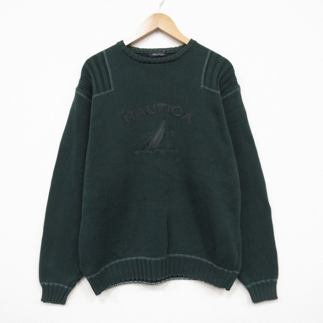 L★古着 ノーティカ 長袖 ブランド セーター メンズ ビッグロゴ 刺繍ゅう コットン クルーネック グリーン【spe】 26sep16