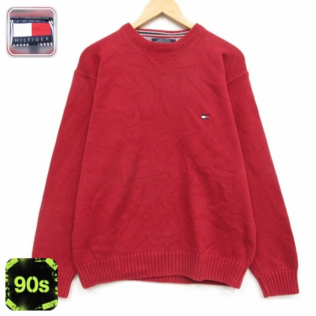 トミーヒルフィガー 90s 長袖セーター ワンポイントロゴ レッド メンズL相当 | 古着