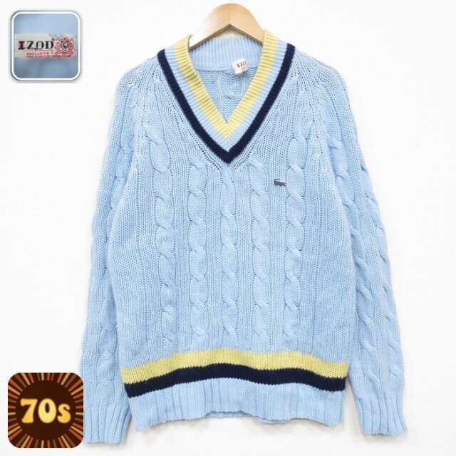 IZOD 70s 長袖セーター チルデン ケーブル ラグラン ライトブルー メンズM相当 | 古着