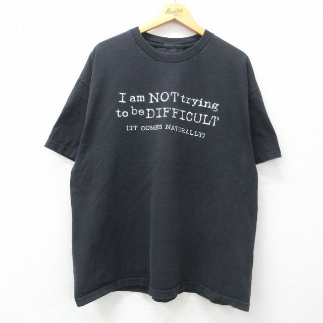 XL★古着 半袖 Tシャツ メンズ メッセージ 大きいサイズ コットン クルーネック 黒 ブラック 25apr25 中古