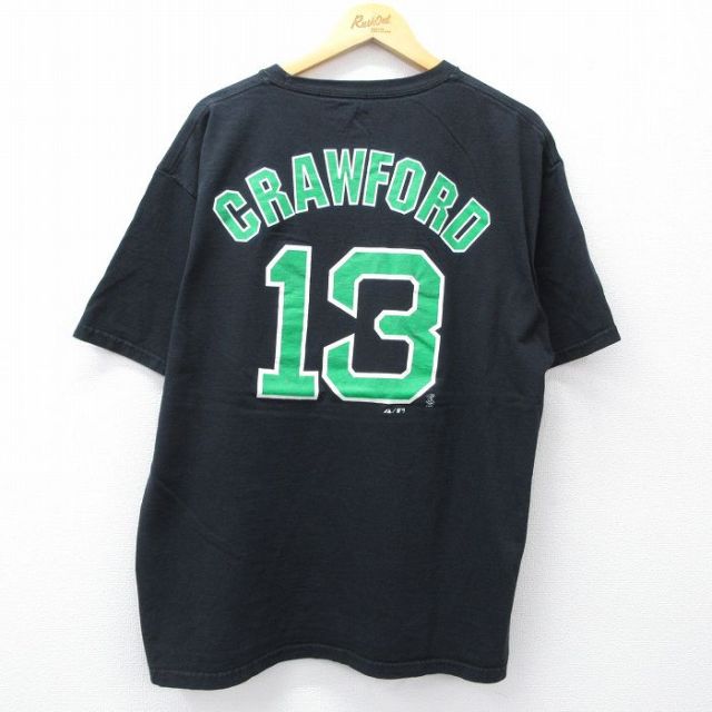 XL★古着 マジェスティック 半袖 Tシャツ メンズ MLB ボストンレッドソックス カッタークロフォード 13 大きいサイズ コットン クルーネック 黒 ブラック メジャーリーグ ベースボール 野球 25aug22 中古