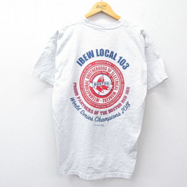XL★古着 半袖 Tシャツ メンズ MLB ボストンレッドソックス IBEW コットン クルーネック USA製 薄グレー 霜降り メジャーリーグ ベースボール 野球 25aug22 中古